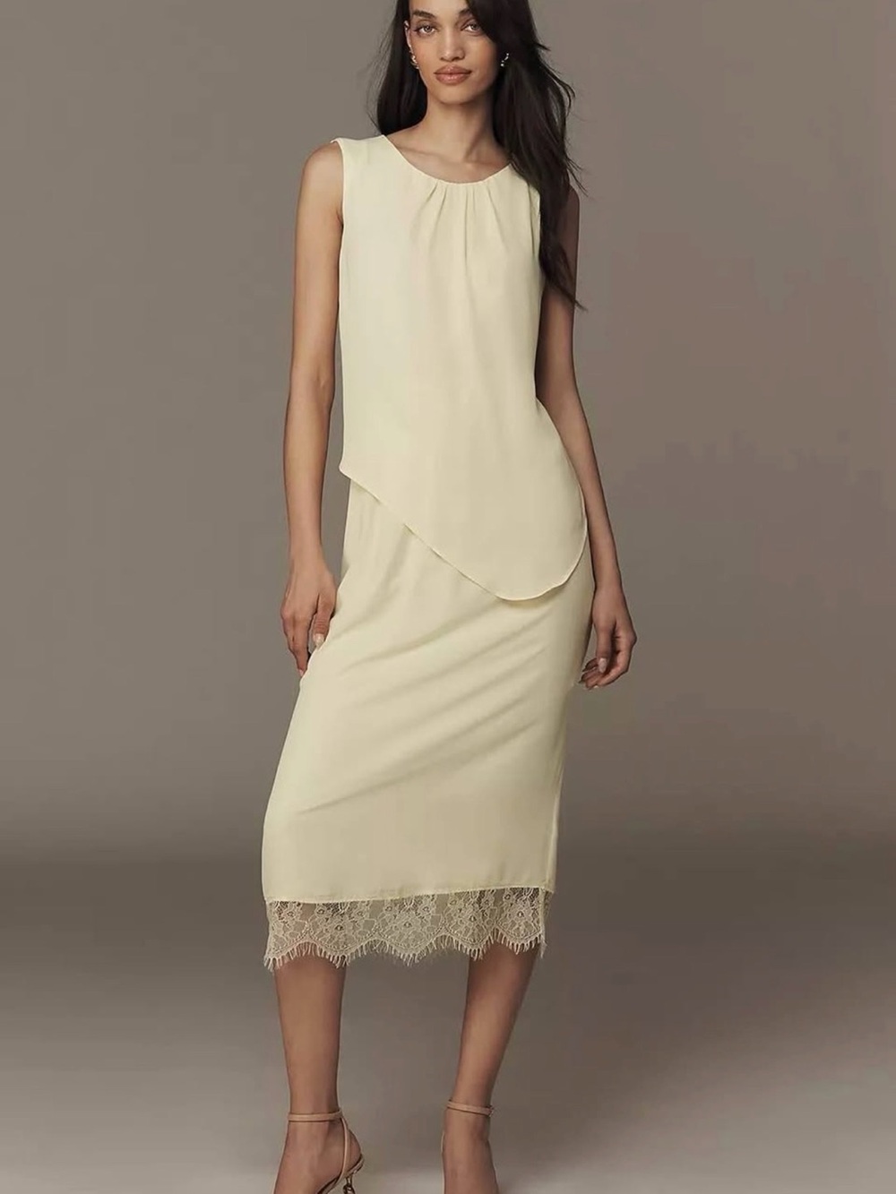 Anthropologie Sleeveless Cream Layered Midi Dress with Lace Hem